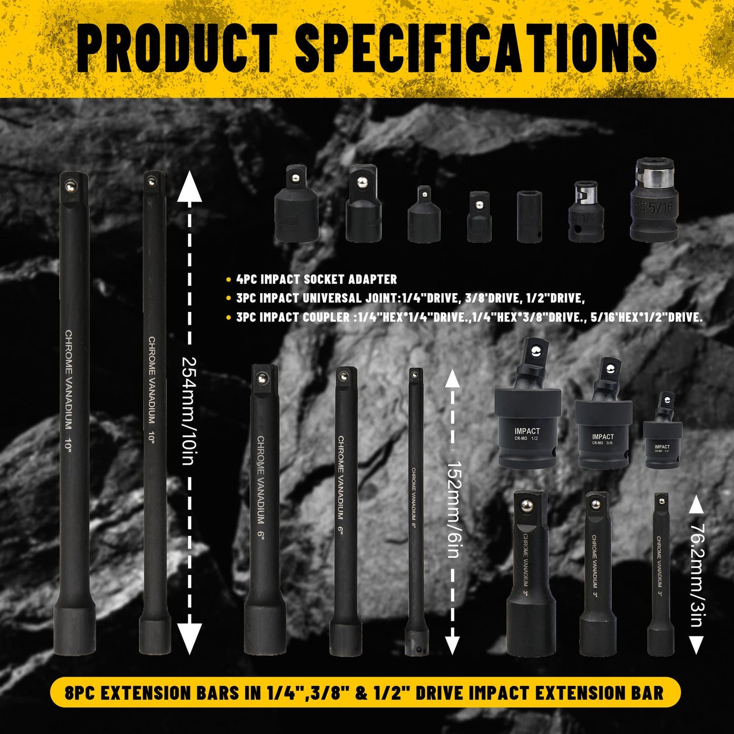 Heydake 18PCS Impact Extension Bar and Adapter Set