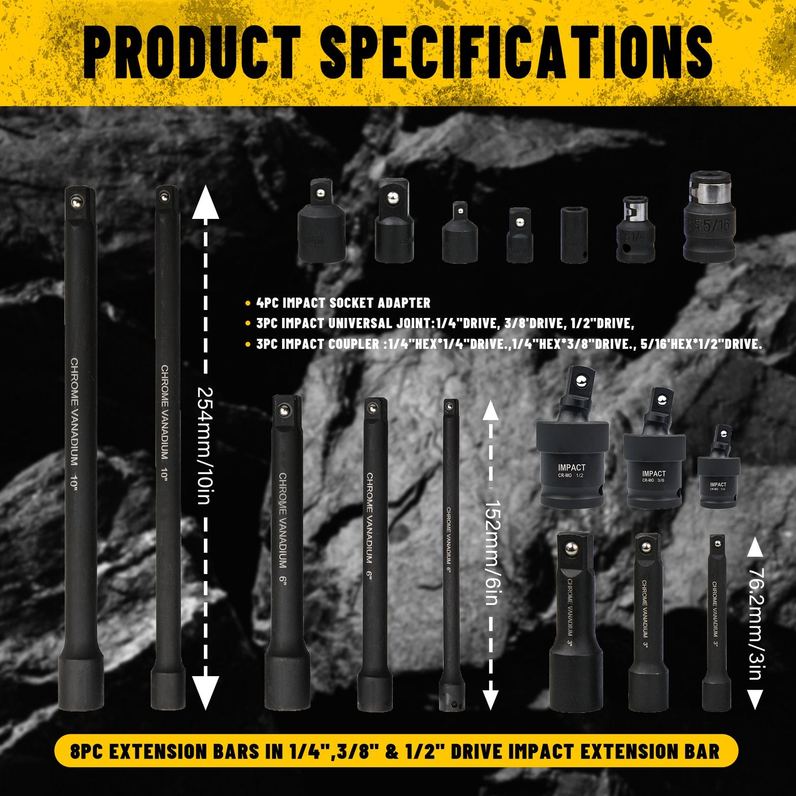Heydake 18PCS Impact Extension Bar and Adapter Set