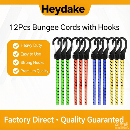 Heydake 12Pcs Rubber Bungee Cords with Hooks, Elastic Tie-Down Straps for Motorcycle, Bike, Luggage, Backpack and Trunk Securing, 76cm Multi-Color Cargo Straps