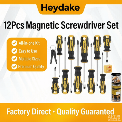 Heydake 12Pcs Magnetic Screwdriver Set, 5 Phillips and 5 Slotted Screwdrivers with 2 Keychain Tools, Chrome Vanadium Steel Cushion-Grip Precision Screwdriver Kit in Canister