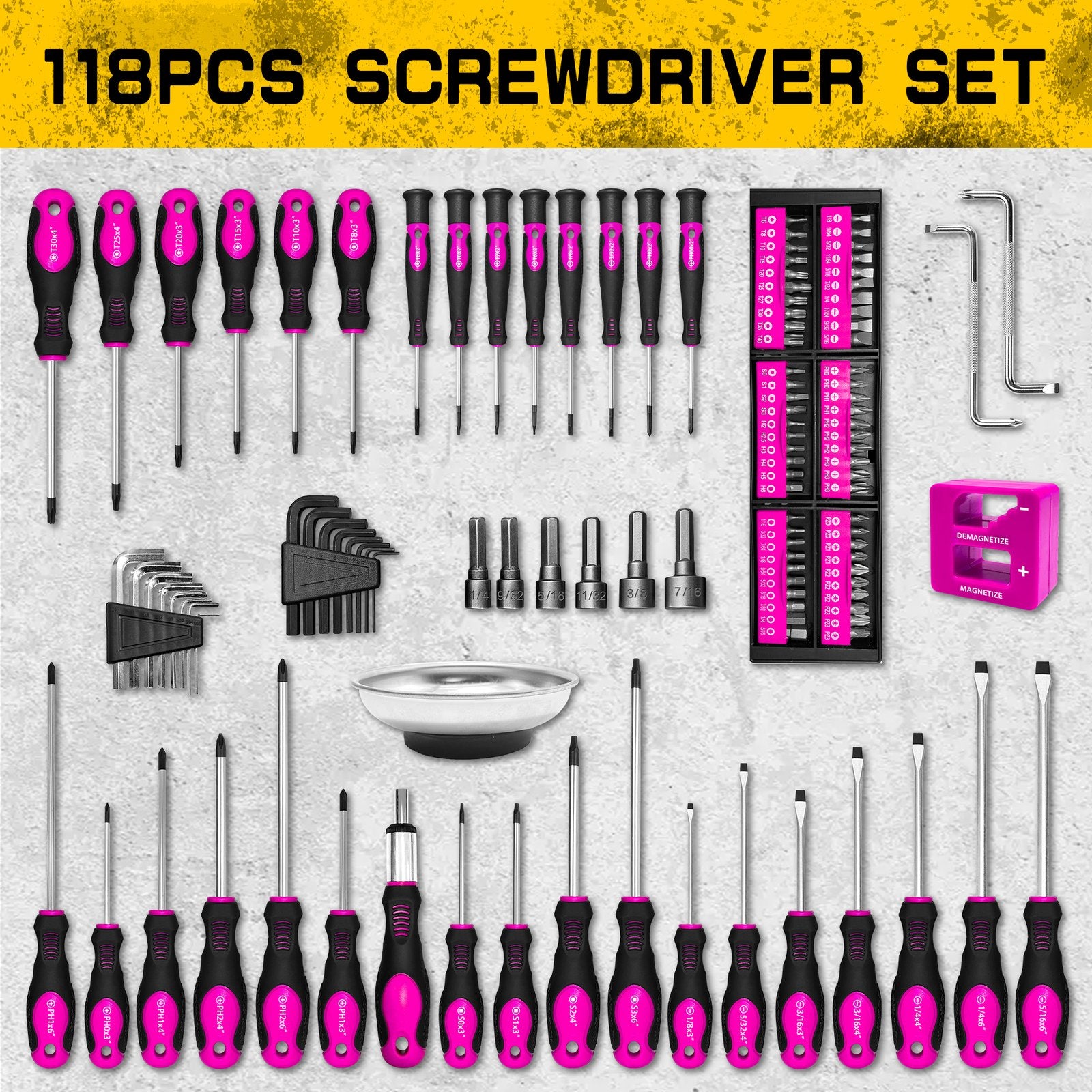Heydake 118PCS Magnetic Screwdriver Bit Set - Rose Red