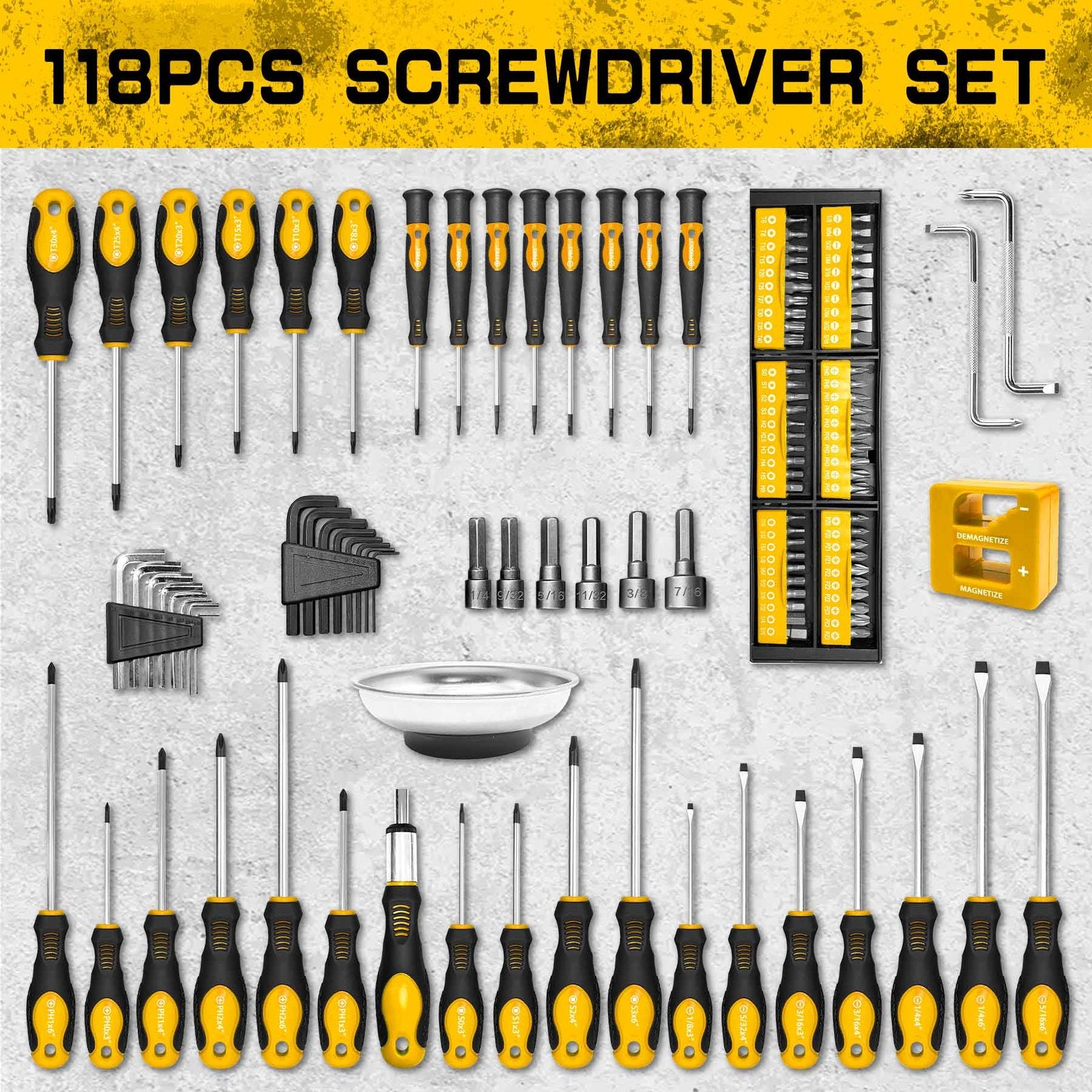 Heydake 118PCS Magnetic Screwdriver Bit Set - Yellow
