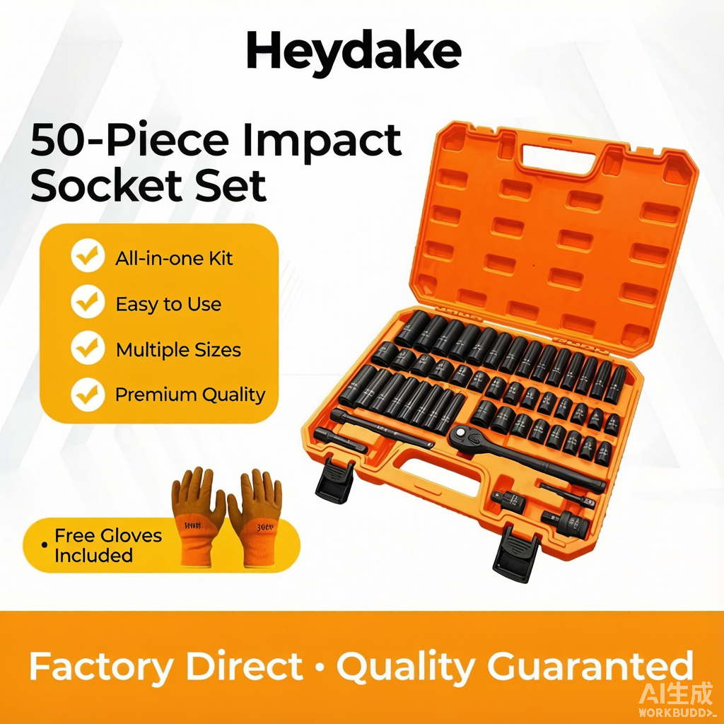 Heydake 3/8" Drive Impact Socket Set 50-Piece, SAE (5/16-3/4) & Metric (8-22mm), Deep & Shallow Sockets with Ratchet Handle, Extension Bars and Universal Joint, Cr-V Impact Tool Set