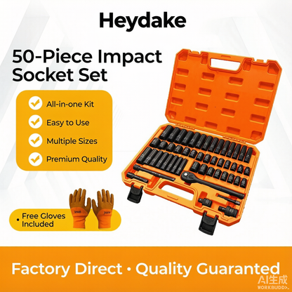 Heydake 3/8" Drive Impact Socket Set 50-Piece, SAE (5/16-3/4) & Metric (8-22mm), Deep & Shallow Sockets with Ratchet Handle, Extension Bars and Universal Joint, Cr-V Impact Tool Set