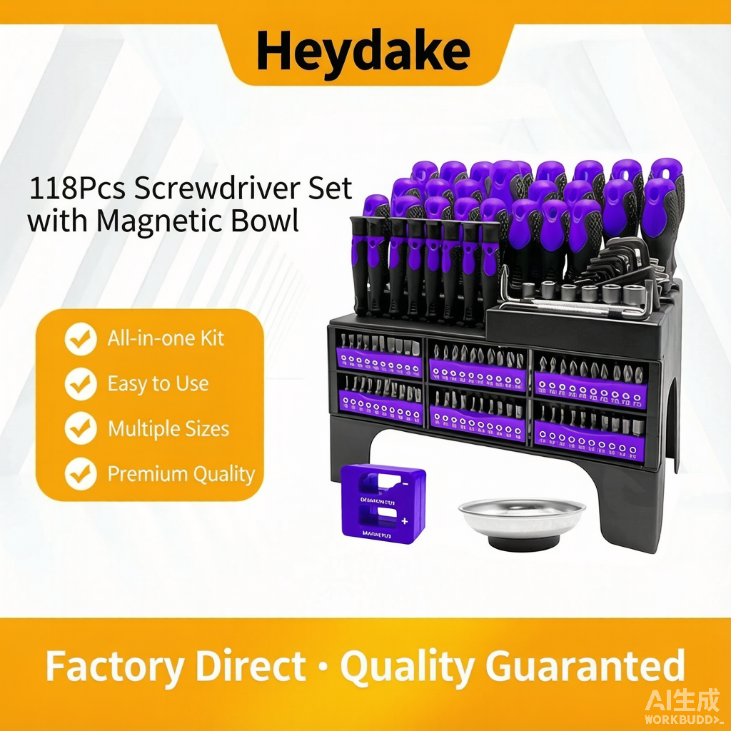 Heydake 118Pc Screwdriver Bit Set with Demagnetizer and Magnetic Bowl, Chrome Vanadium Steel Precision Screwdriver Kit with Plastic Rack, Multi-Size Bits for Home and Auto Repair