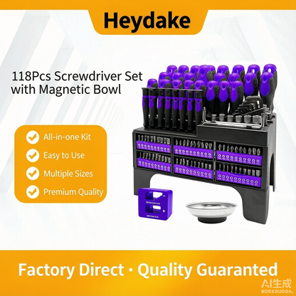 Heydake 118Pc Screwdriver Bit Set with Demagnetizer and Magnetic Bowl, Chrome Vanadium Steel Precision Screwdriver Kit with Plastic Rack, Multi-Size Bits for Home and Auto Repair