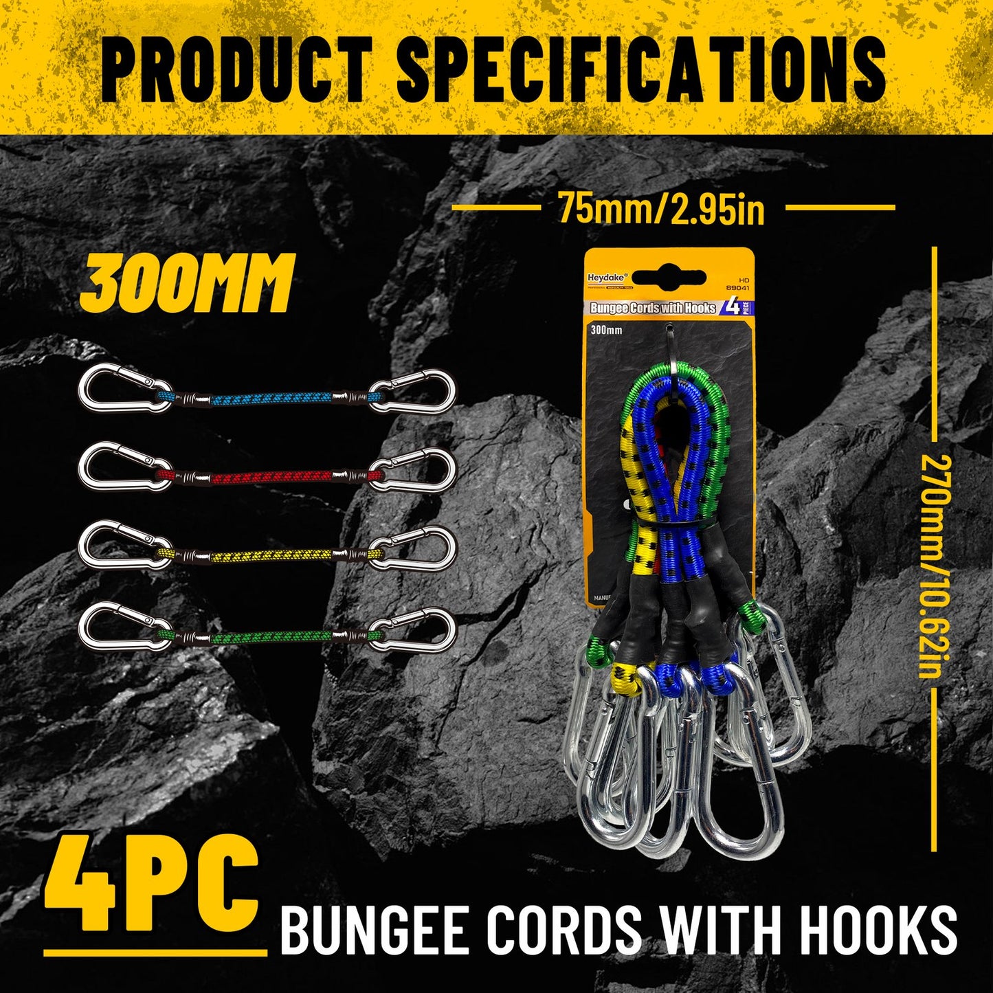 Heydake 4PCS Bungee Cord with Carabiner Hooks
