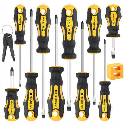 Heydake 12Pcs Magnetic Screwdriver Set, 5 Phillips and 5 Slotted Screwdrivers with 2 Keychain Tools, Chrome Vanadium Steel Cushion-Grip Precision Screwdriver Kit in Canister