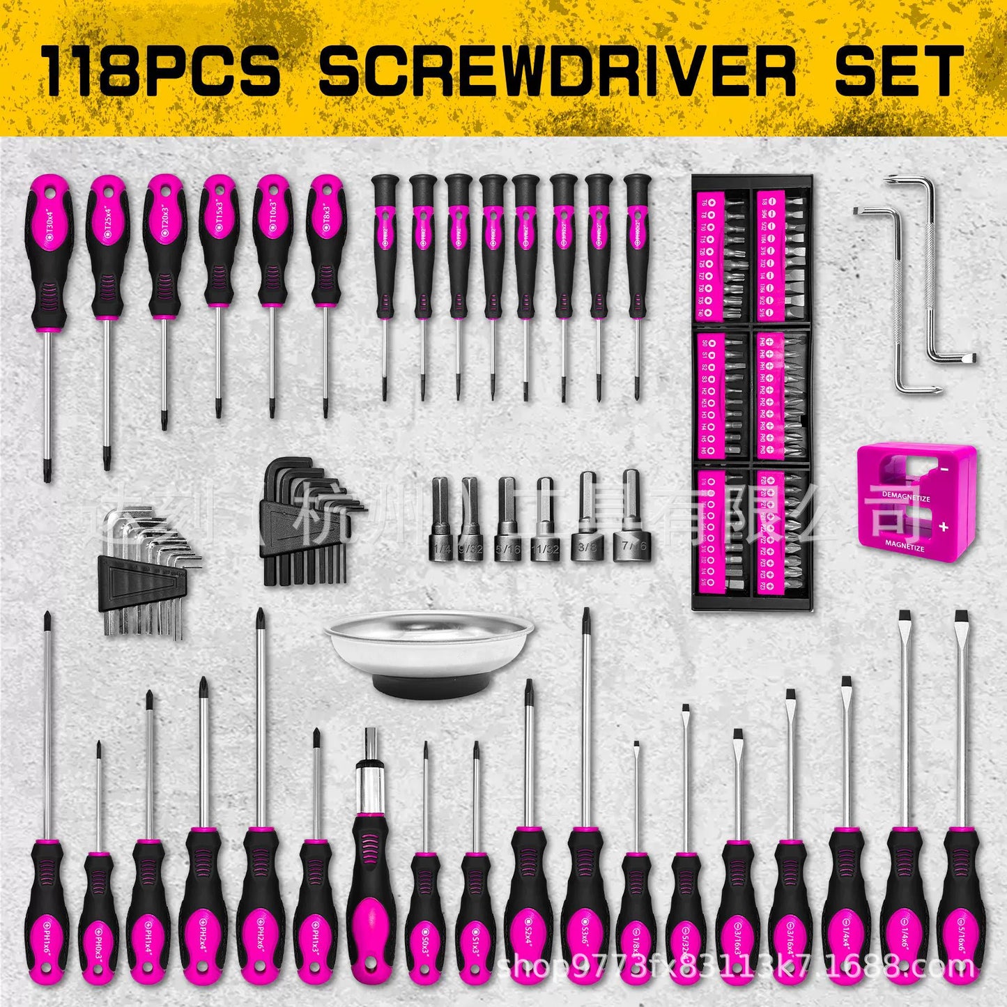 Heydake 118Pcs Magnetic Screwdriver Bit Set with Plastic Rack and Demagnetizer, Chrome Vanadium Steel Precision Screwdriver Kit, Multi-Size Hex & Flathead Bits for Home Repair