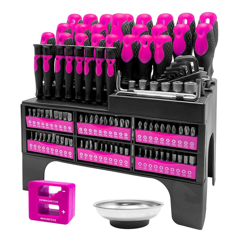 Heydake 118Pc Screwdriver Bit Set with Demagnetizer and Magnetic Bowl, Chrome Vanadium Steel Precision Screwdriver Kit with Plastic Rack, Multi-Size Bits for Home and Auto Repair