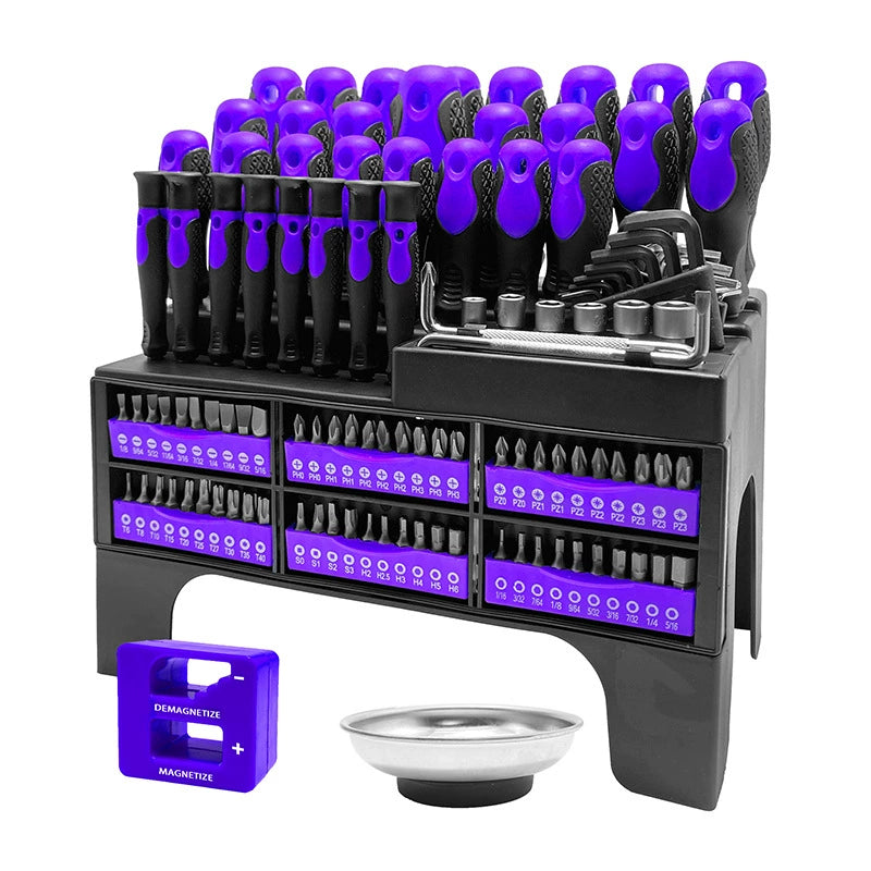 Heydake 118Pc Screwdriver Bit Set with Demagnetizer and Magnetic Bowl, Chrome Vanadium Steel Precision Screwdriver Kit with Plastic Rack, Multi-Size Bits for Home and Auto Repair