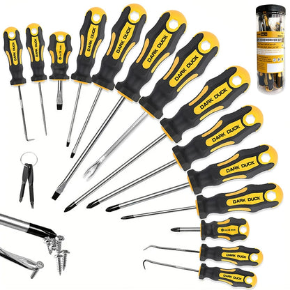 Heydake 16Pcs Magnetic Screwdriver Set in Canister, Chrome Vanadium Steel with Cushion-Grip Handles, Phillips & Flathead Precision Screwdrivers, Compact Tool Kit