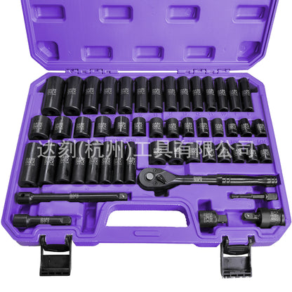 Heydake 3/8" Drive Impact Socket Set 50-Piece, SAE (5/16-3/4) & Metric (8-22mm), Deep & Shallow Sockets with Ratchet Handle, Extension Bars and Universal Joint, Cr-V Impact Tool Set