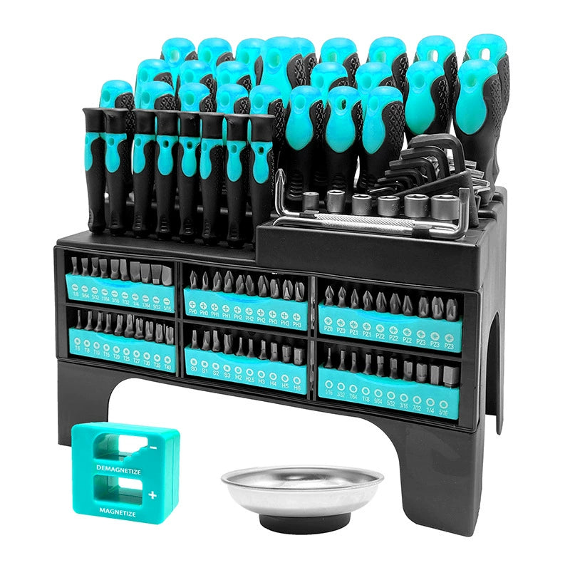 Heydake 118Pc Screwdriver Bit Set with Demagnetizer and Magnetic Bowl, Chrome Vanadium Steel Precision Screwdriver Kit with Plastic Rack, Multi-Size Bits for Home and Auto Repair