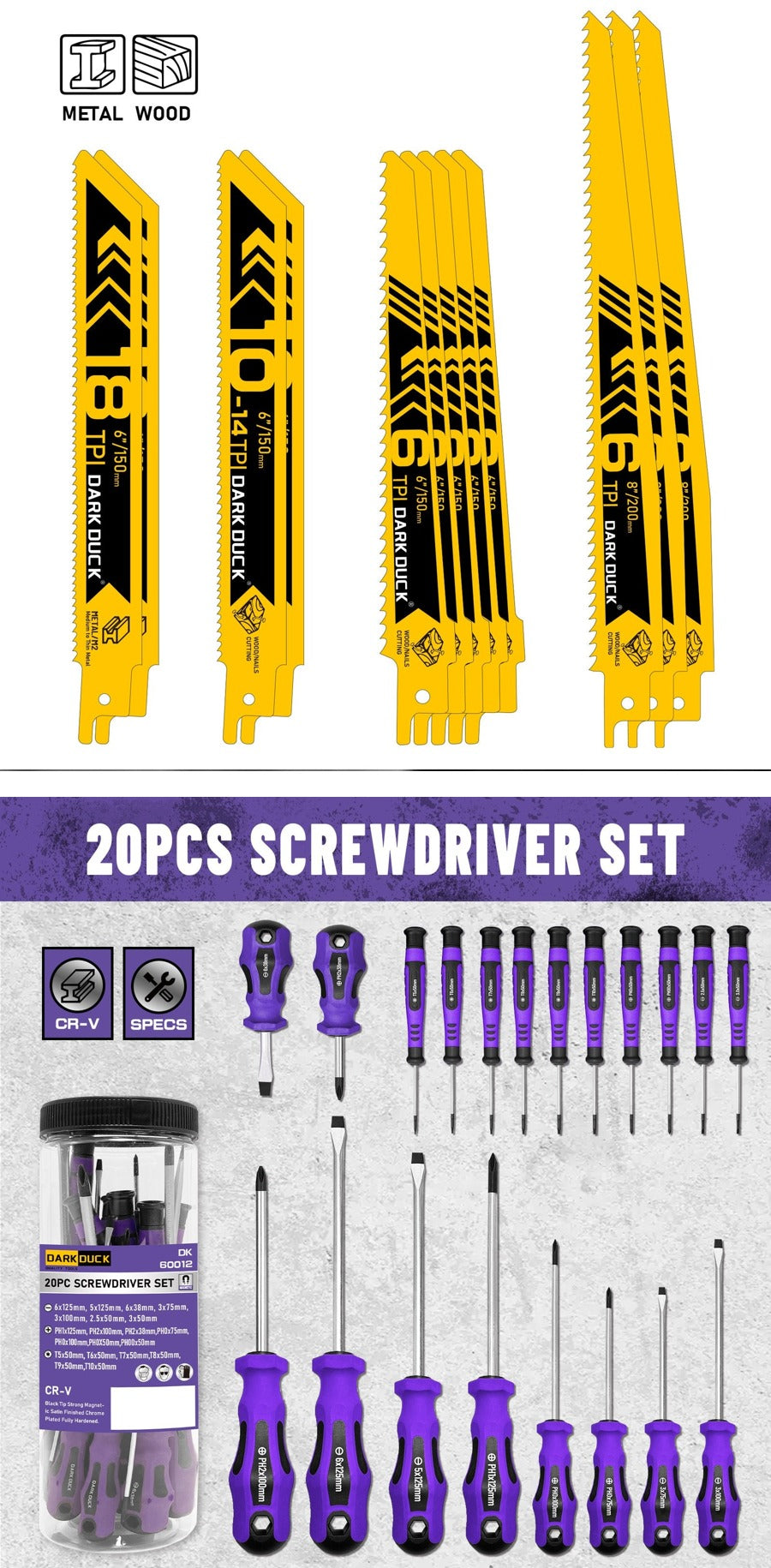 Heydake 32PCS Combo Kit - 12 Reciprocating Saw Blades + 20PCS Magnetic Screwdriver Set