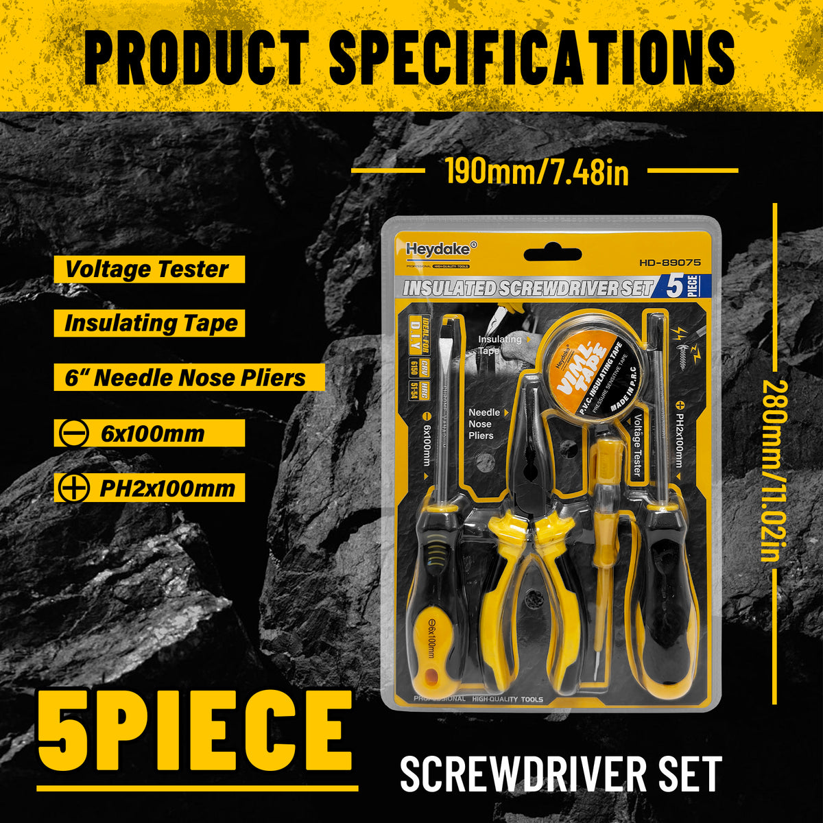 Heydake 5PCS insulated screwdriver set 1000V with voltage tester